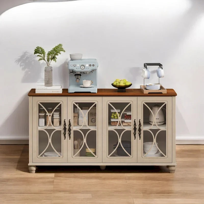 Elegant European Antique 4-Door Cabinet with Tempered Glass, Adjustable Shelves, Solid Wood Legs for Living Room, Dining Room