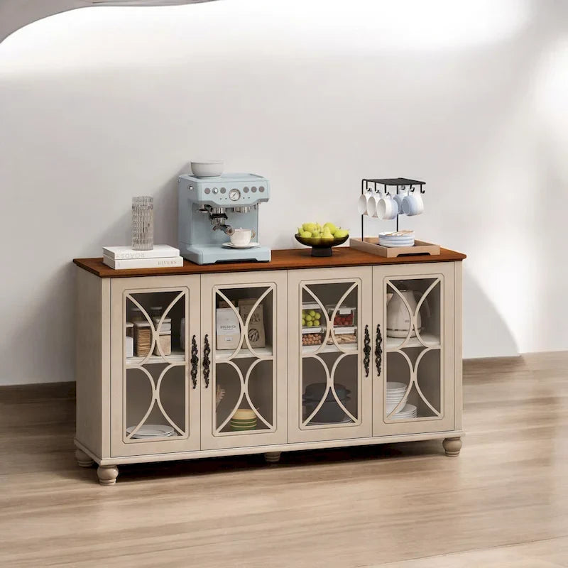 Elegante credenza europea antica a 4 ante con vetro temperato, ripiani regolabili e gambe in legno massello, per soggiorno e sala da pranzo