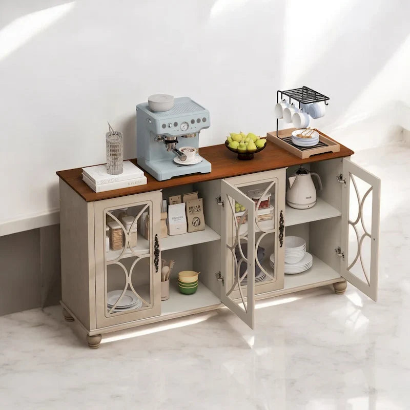 Elegante credenza europea antica a 4 ante con vetro temperato, ripiani regolabili e gambe in legno massello, per soggiorno e sala da pranzo