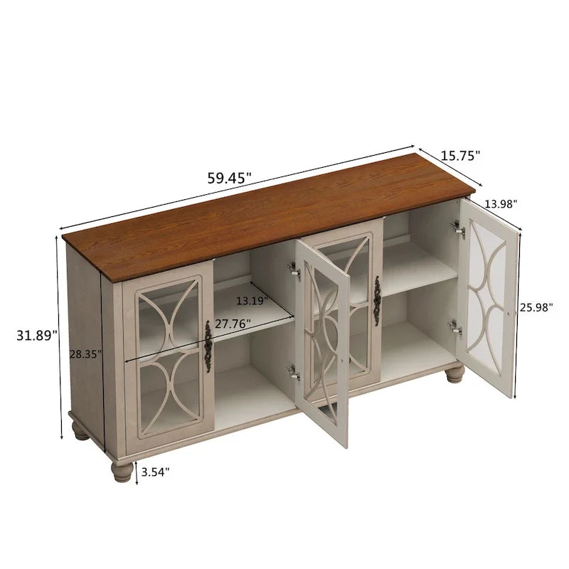 Elegante credenza europea antica a 4 ante con vetro temperato, ripiani regolabili e gambe in legno massello, per soggiorno e sala da pranzo