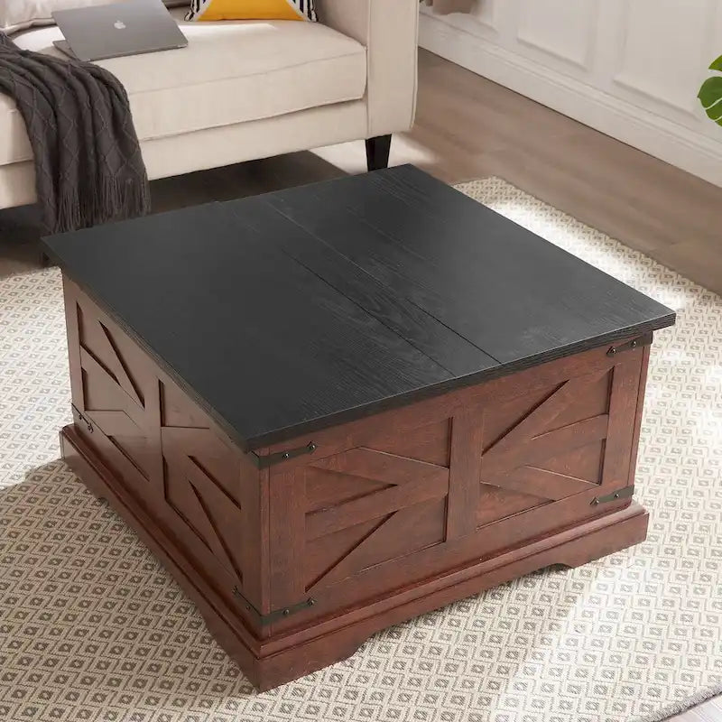 Tavolino da caffè quadrato in legno stile rustico, con ampio vano contenitore nascosto e piano incernierato sollevabile, per soggiorno