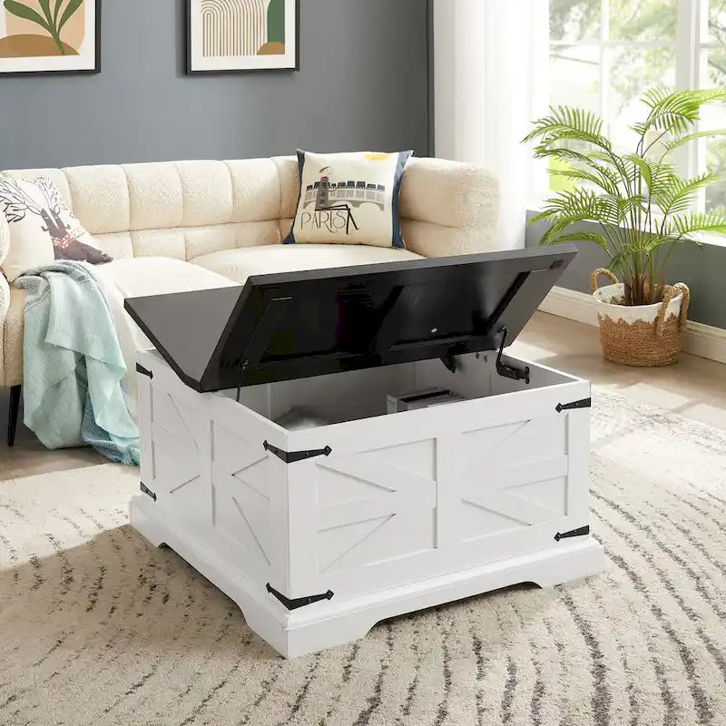 Tavolino da caffè quadrato in legno stile rustico, con ampio vano contenitore nascosto e piano incernierato sollevabile, per soggiorno