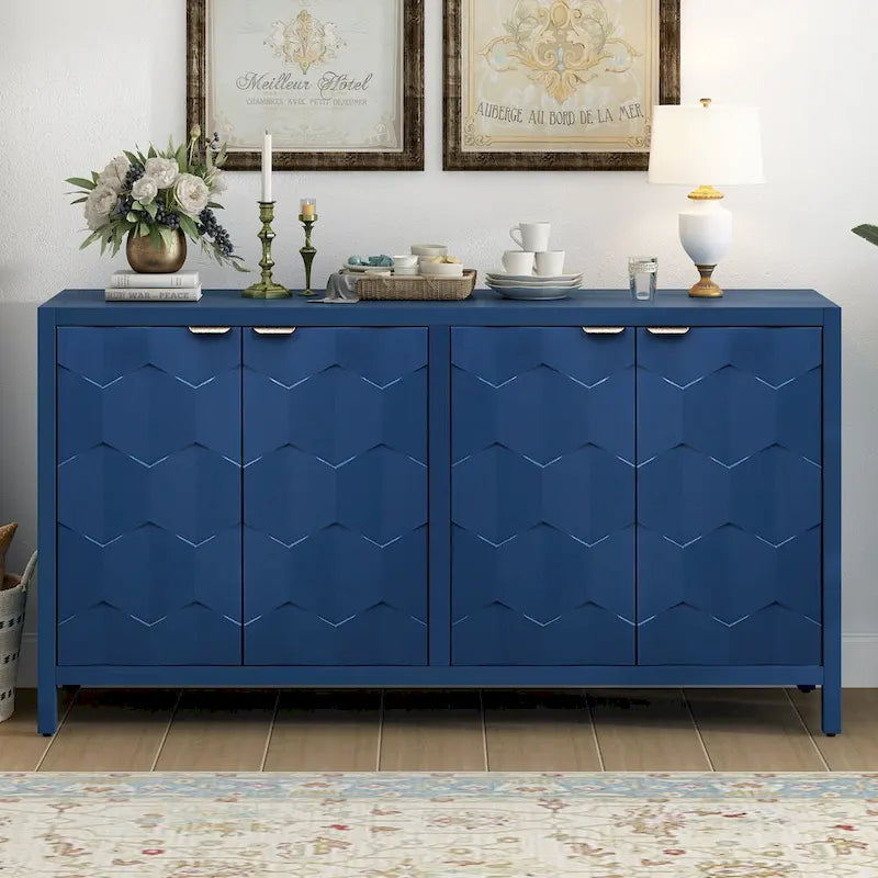 4-Door Sideboard with Honeycomb Patterned Doors, Painted Finish Storage Cabinet with Vintage Metal Handles for Study
