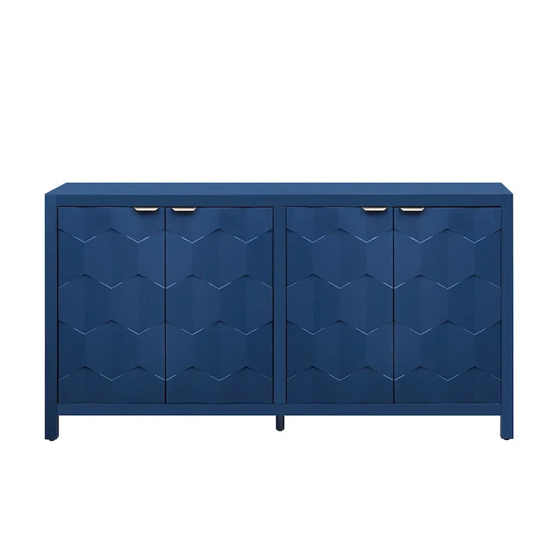 4-Door Sideboard with Honeycomb Patterned Doors, Painted Finish Storage Cabinet with Vintage Metal Handles for Study