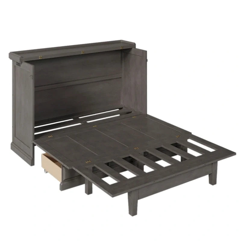 Solid Pine Wood Murphy Bed Chest Cube Cabinet Bed with Charging Station and Large Storage Drawer