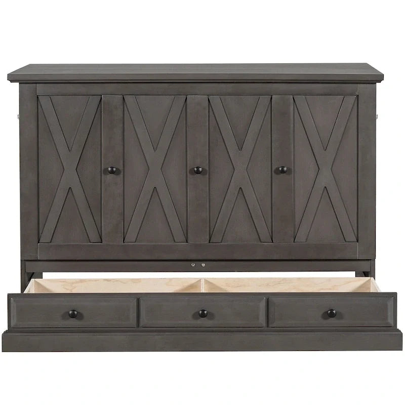 Solid Pine Wood Murphy Bed Chest Cube Cabinet Bed with Charging Station and Large Storage Drawer