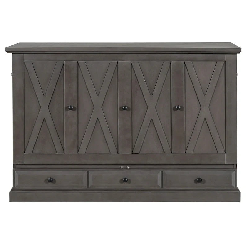 Solid Pine Wood Murphy Bed Chest Cube Cabinet Bed with Charging Station and Large Storage Drawer