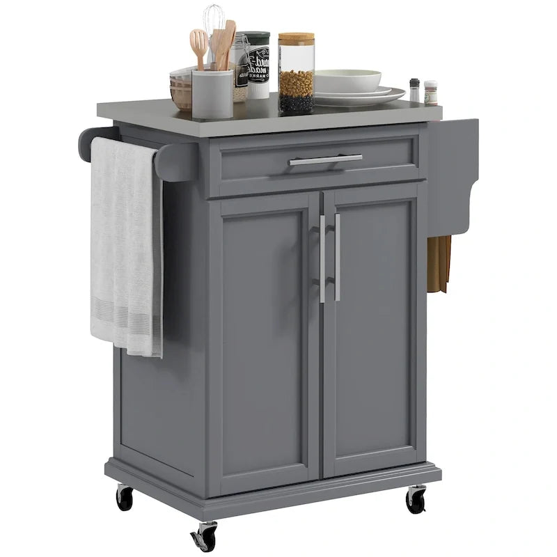 Isola da cucina con ruote, carrello da cucina mobile con piano in acciaio inox, cassetto, portasciugamani e portaspezie
