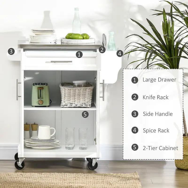 Isola da cucina con ruote, carrello da cucina mobile con piano in acciaio inox, cassetto, portasciugamani e portaspezie