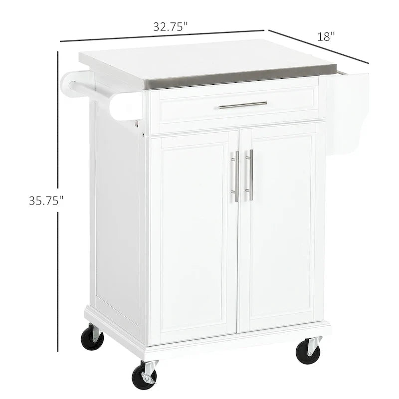 Isola da cucina con ruote, carrello da cucina mobile con piano in acciaio inox, cassetto, portasciugamani e portaspezie