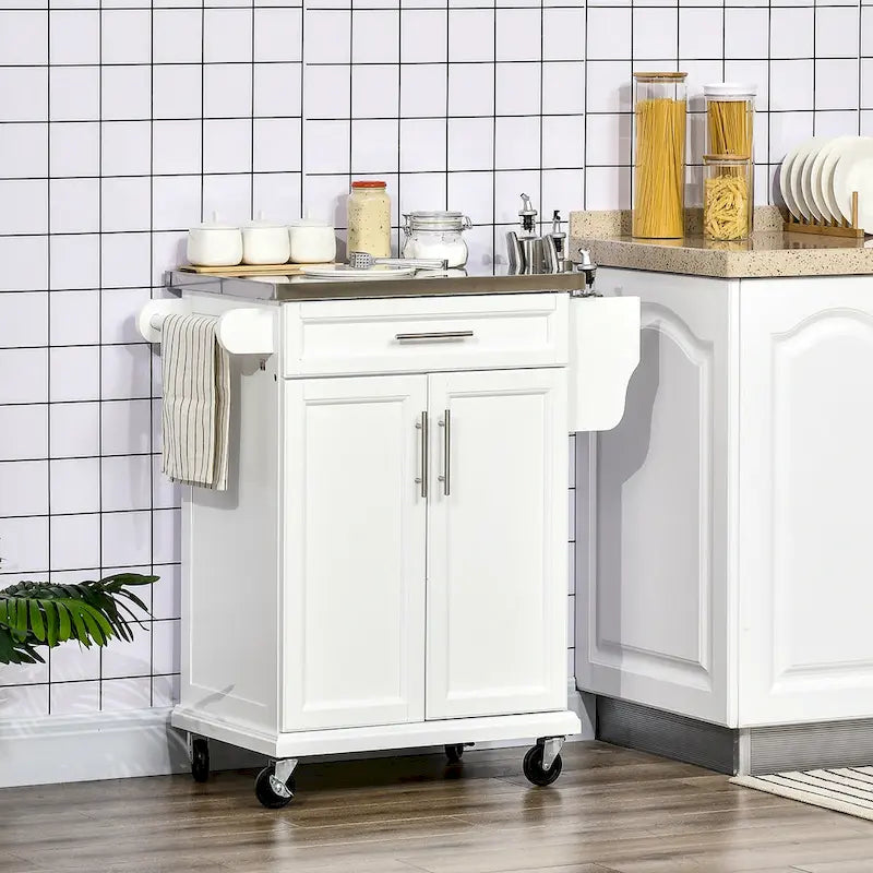 Isola da cucina con ruote, carrello da cucina mobile con piano in acciaio inox, cassetto, portasciugamani e portaspezie