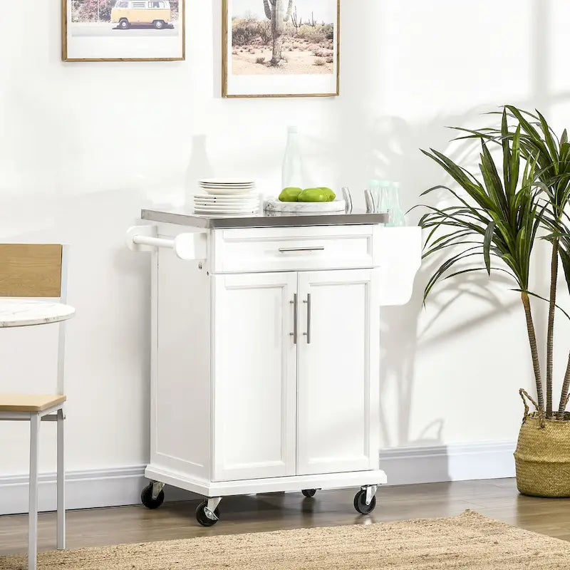 Kitchen Island on Wheels, Rolling Kitchen Cart with Stainless Steel Countertop, Drawer, Towel Rack and Spice Rack
