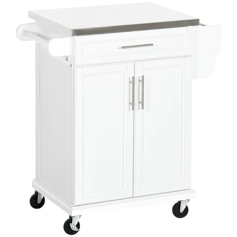 Isola da cucina con ruote, carrello da cucina mobile con piano in acciaio inox, cassetto, portasciugamani e portaspezie