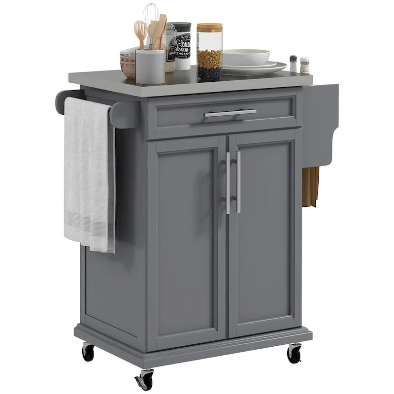 Isola da cucina con ruote, carrello da cucina mobile con piano in acciaio inox, cassetto, portasciugamani e portaspezie