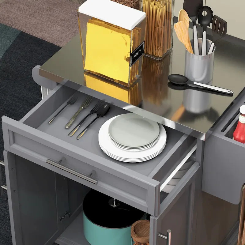 Isola da cucina con ruote, carrello da cucina mobile con piano in acciaio inox, cassetto, portasciugamani e portaspezie