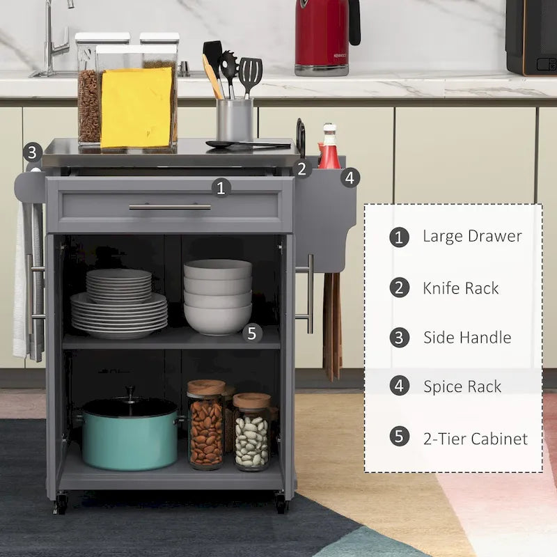 Isola da cucina con ruote, carrello da cucina mobile con piano in acciaio inox, cassetto, portasciugamani e portaspezie