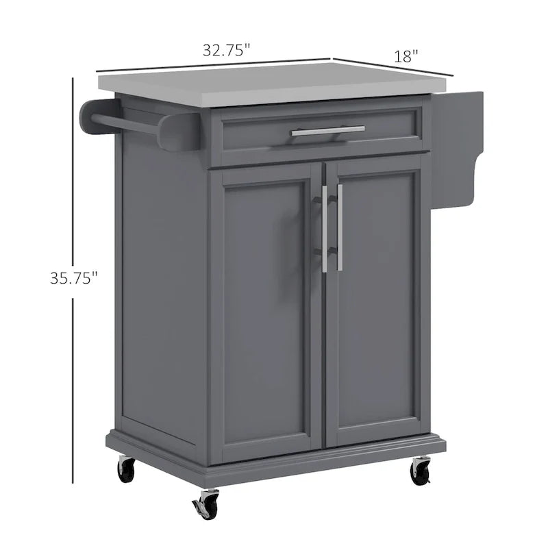 Isola da cucina con ruote, carrello da cucina mobile con piano in acciaio inox, cassetto, portasciugamani e portaspezie