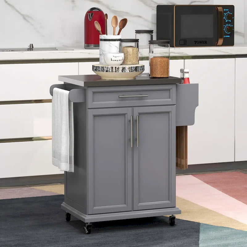 Isola da cucina con ruote, carrello da cucina mobile con piano in acciaio inox, cassetto, portasciugamani e portaspezie