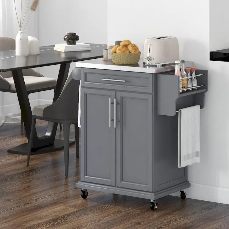 Isola da cucina con ruote, carrello da cucina mobile con piano in acciaio inox, cassetto, portasciugamani e portaspezie