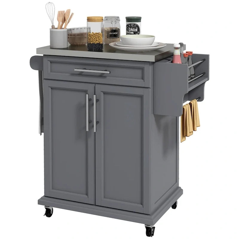 Isola da cucina con ruote, carrello da cucina mobile con piano in acciaio inox, cassetto, portasciugamani e portaspezie