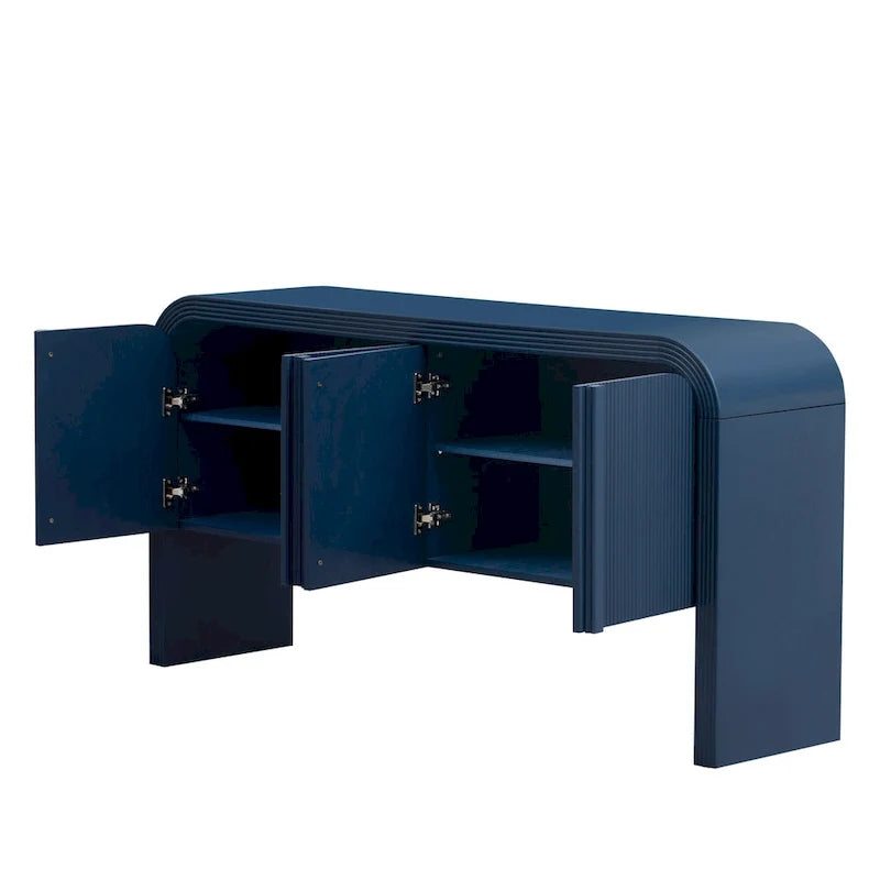 Arched Storage Cabinet Sideboard with 4 Stripes Doors and Adjustable Shelves, Modern Entryway Cabinets with Pine Leg