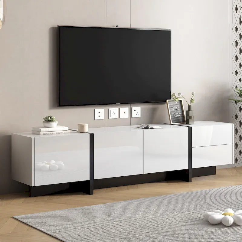 Mobile TV bianco da 74 con finitura lucida e spazio contenitore, per TV fino a 80