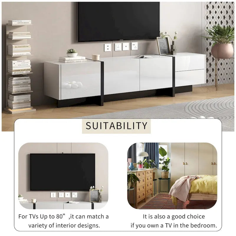 Mobile TV bianco da 74 con finitura lucida e spazio contenitore, per TV fino a 80