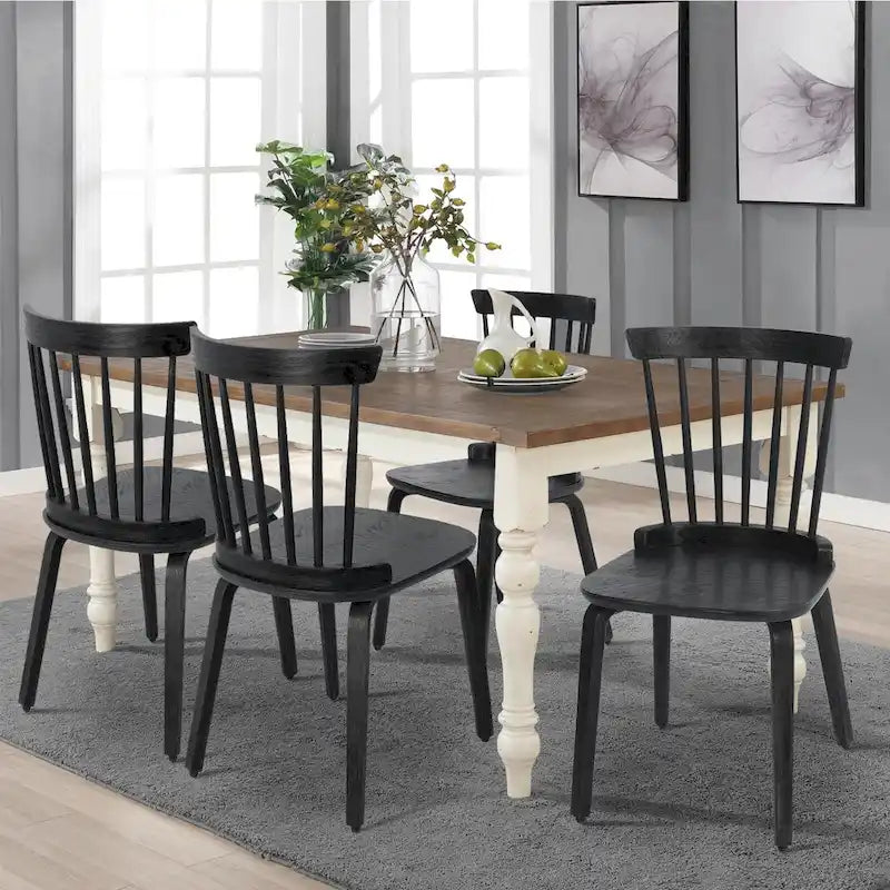 Sedie da pranzo Windsor in stile rustico con schienale a fusi e gambe in legno curvato, nere - 33.5H x 17.72W x 19.7D
