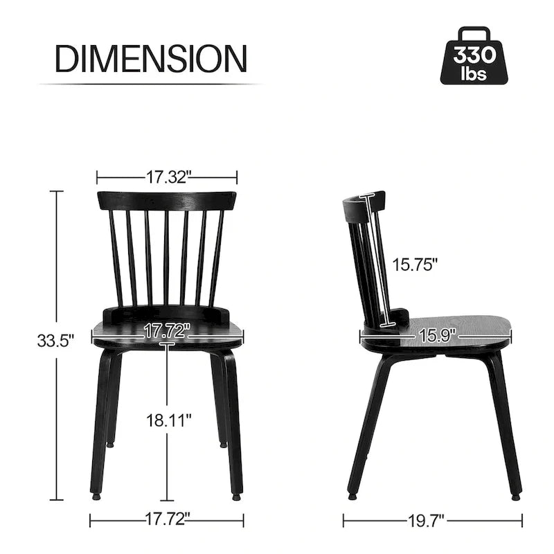 Sedie da pranzo Windsor in stile rustico con schienale a fusi e gambe in legno curvato, nere - 33.5H x 17.72W x 19.7D
