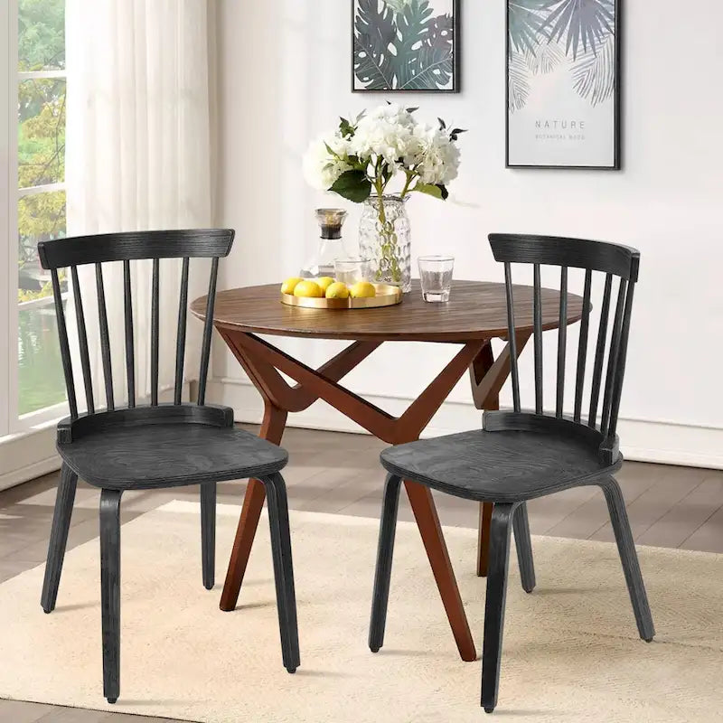 Sedie da pranzo Windsor in stile rustico con schienale a fusi e gambe in legno curvato, nere - 33.5H x 17.72W x 19.7D