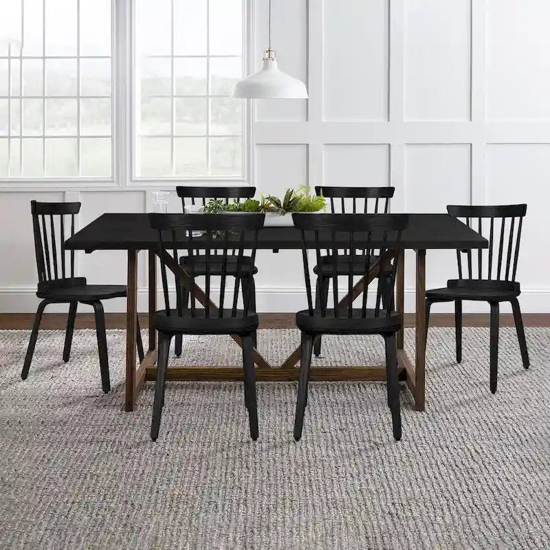 Sedie da pranzo Windsor in stile rustico con schienale a fusi e gambe in legno curvato, nere - 33.5H x 17.72W x 19.7D
