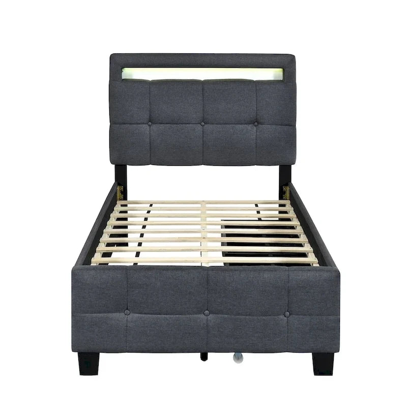 Twin Size Upholstered Platform Bed with LED Frame and 2 Drawers