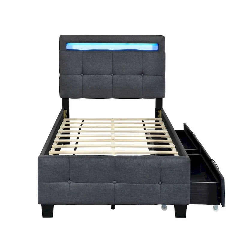 Twin Size Upholstered Platform Bed with LED Frame and 2 Drawers