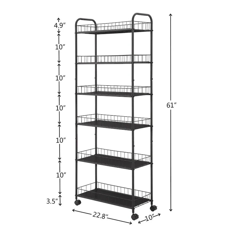 Carrello contenitore stretto a 6 ripiani, mobile e scorrevole con ruote - 6D x 22.8W x 61H