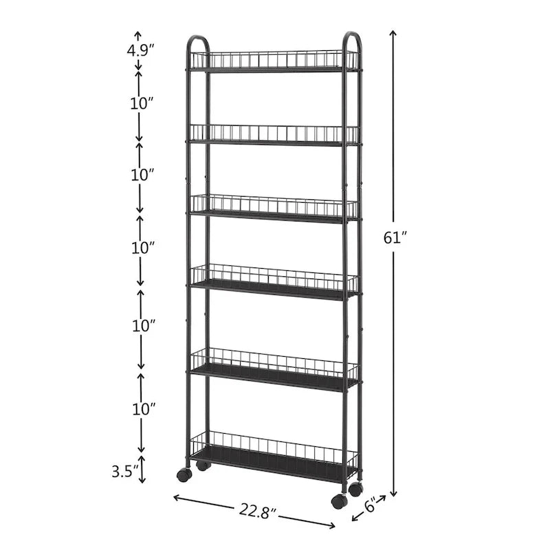 Carrello contenitore stretto a 6 ripiani, mobile e scorrevole con ruote - 6D x 22.8W x 61H