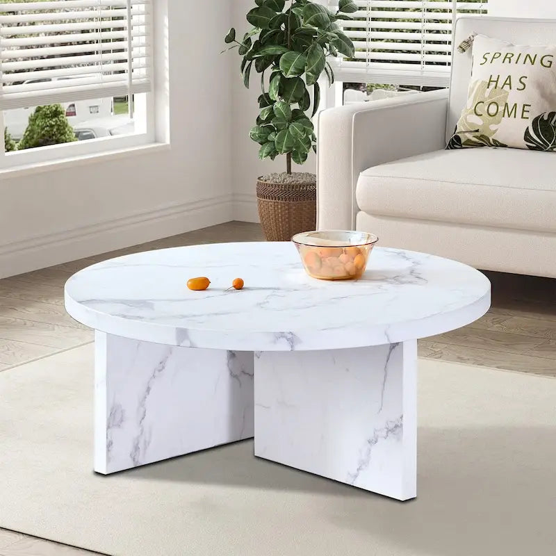 Modern Stylish Wooden Round Coffee Table with Imitation Marble Veneer Surface