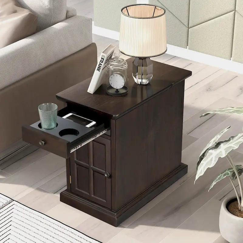 Narrow Multifunctional Classic Vintage End Table with USB Ports and 1 Drawer with Cup Holders, Sofa Side Table