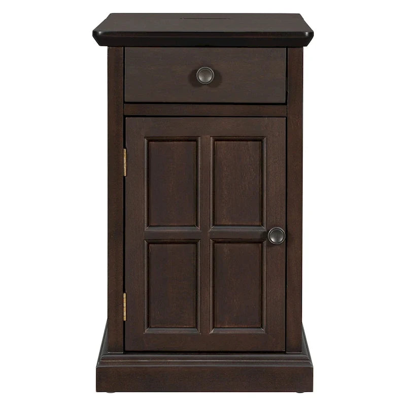 Narrow Multifunctional Classic Vintage End Table with USB Ports and 1 Drawer with Cup Holders, Sofa Side Table