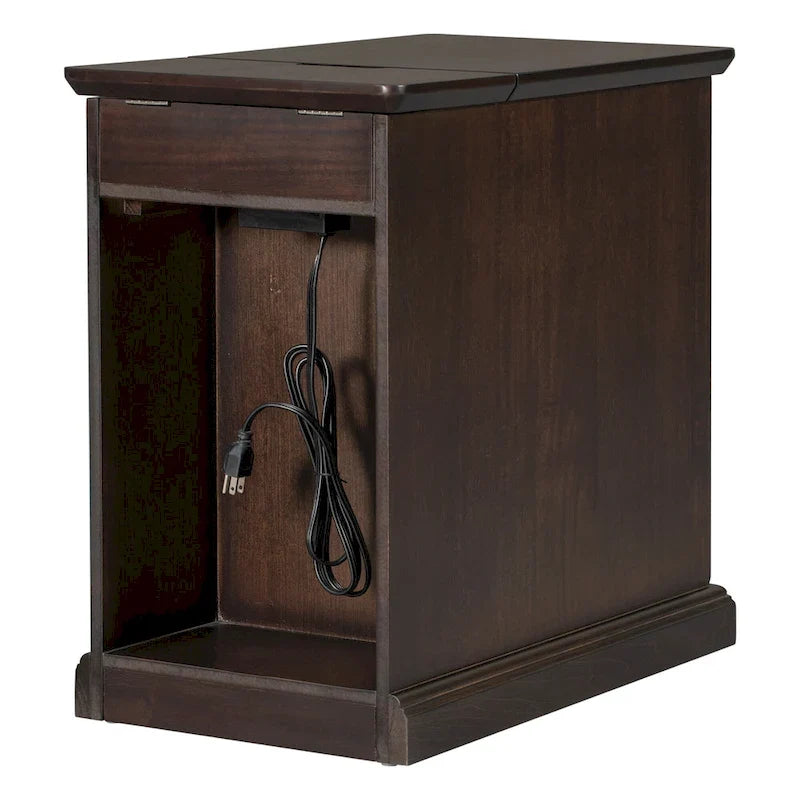 Narrow Multifunctional Classic Vintage End Table with USB Ports and 1 Drawer with Cup Holders, Sofa Side Table