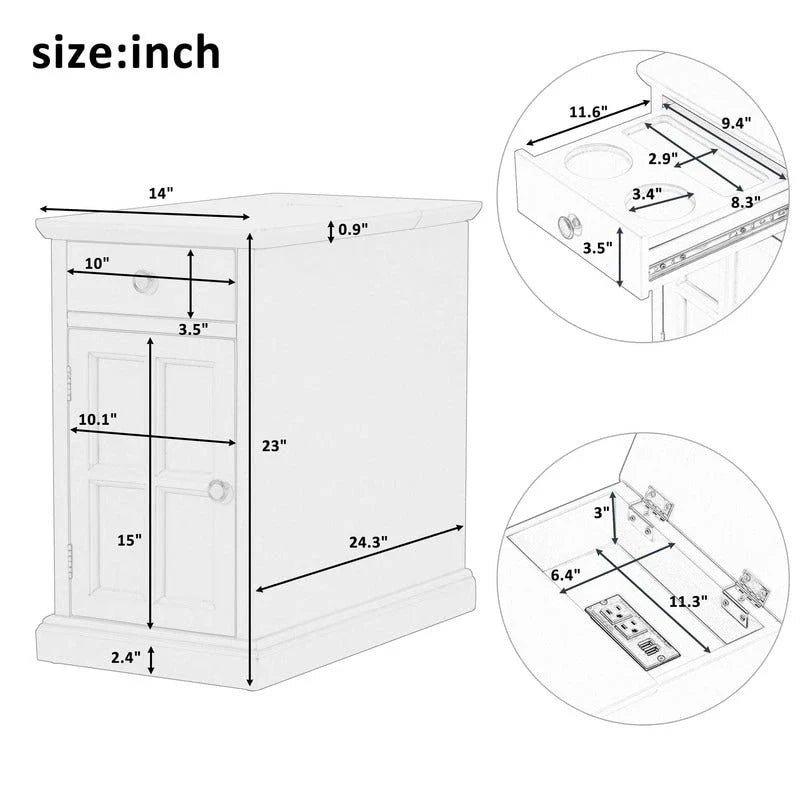 Narrow Multifunctional Classic Vintage End Table with USB Ports and 1 Drawer with Cup Holders, Sofa Side Table
