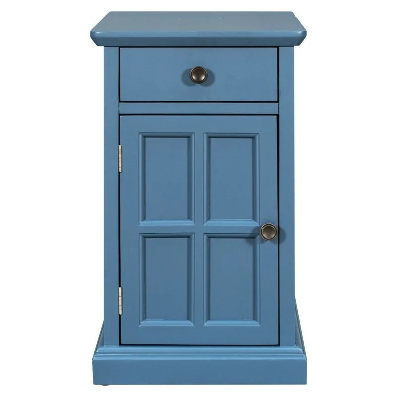 Narrow Multifunctional Classic Vintage End Table with USB Ports and 1 Drawer with Cup Holders, Sofa Side Table