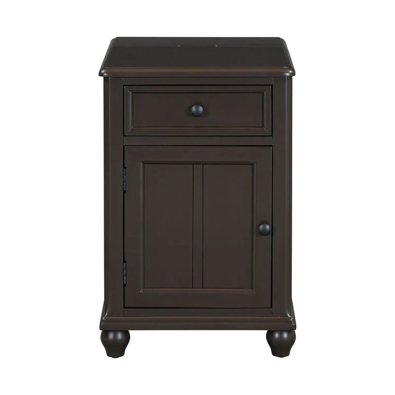 Narrow Multifunctional Classic Vintage End Table with USB Ports and 1 Drawer with Cup Holders, Sofa Side Table
