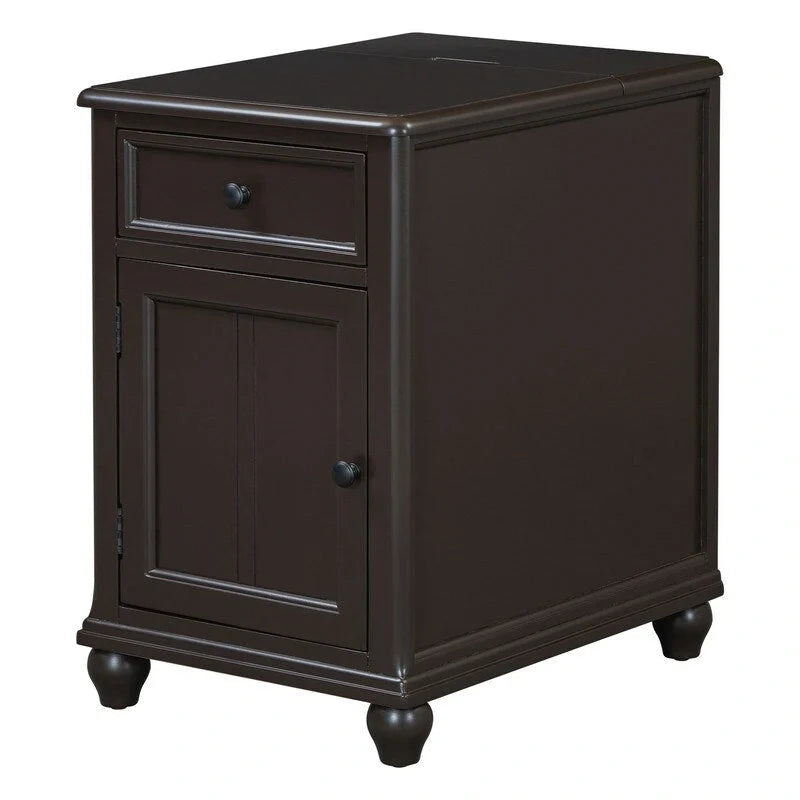 Narrow Multifunctional Classic Vintage End Table with USB Ports and 1 Drawer with Cup Holders, Sofa Side Table