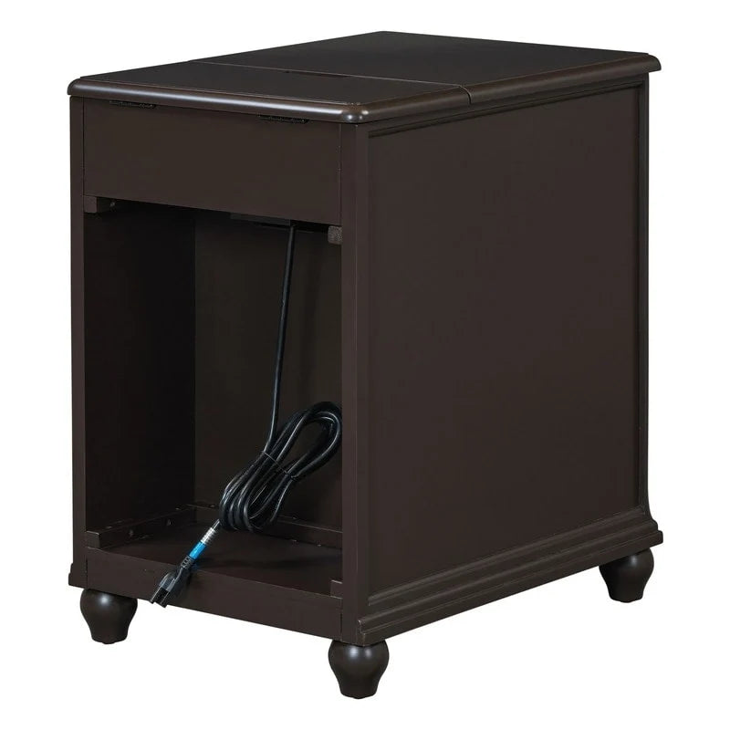 Narrow Multifunctional Classic Vintage End Table with USB Ports and 1 Drawer with Cup Holders, Sofa Side Table