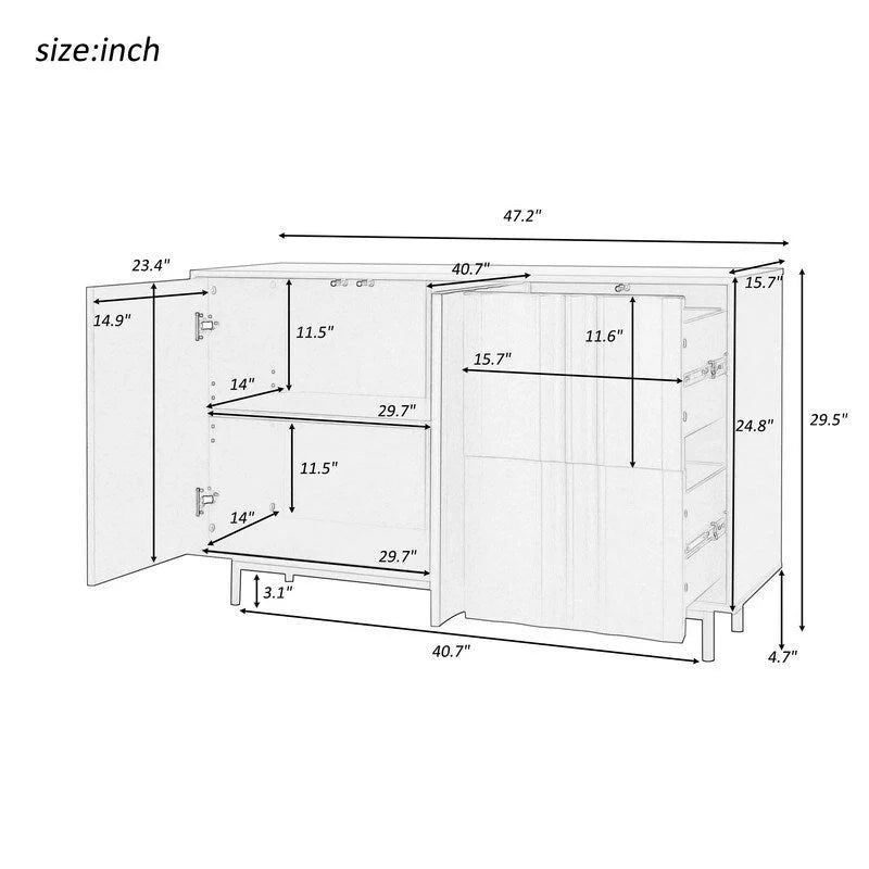 Credenza contenitore con motivo a onde, 2 ante e 2 cassetti regolabili, adatta per studio, ingresso e soggiorno
