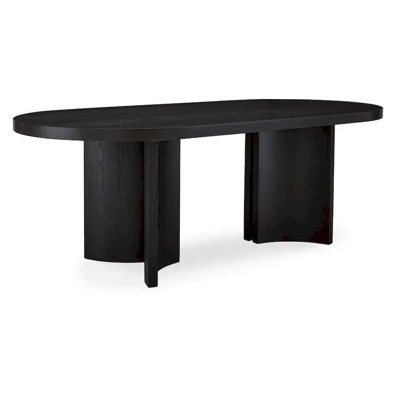 86 Inch Dining Table, Oval Top, Pedestal Base, Curved, Black Finish