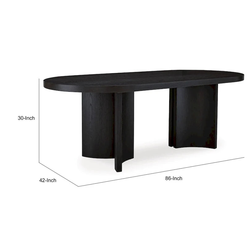 86 Inch Dining Table, Oval Top, Pedestal Base, Curved, Black Finish