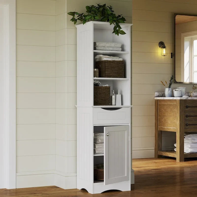 Colonna portaoggetti alta per bagno in lino con cassetto e ripiani