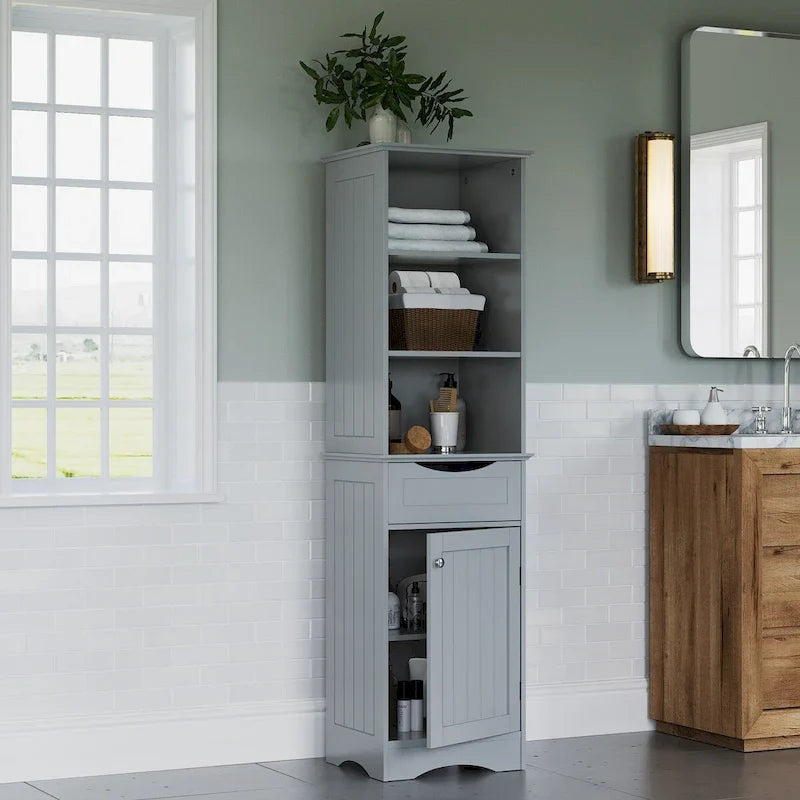 Colonna portaoggetti alta per bagno in lino con cassetto e ripiani