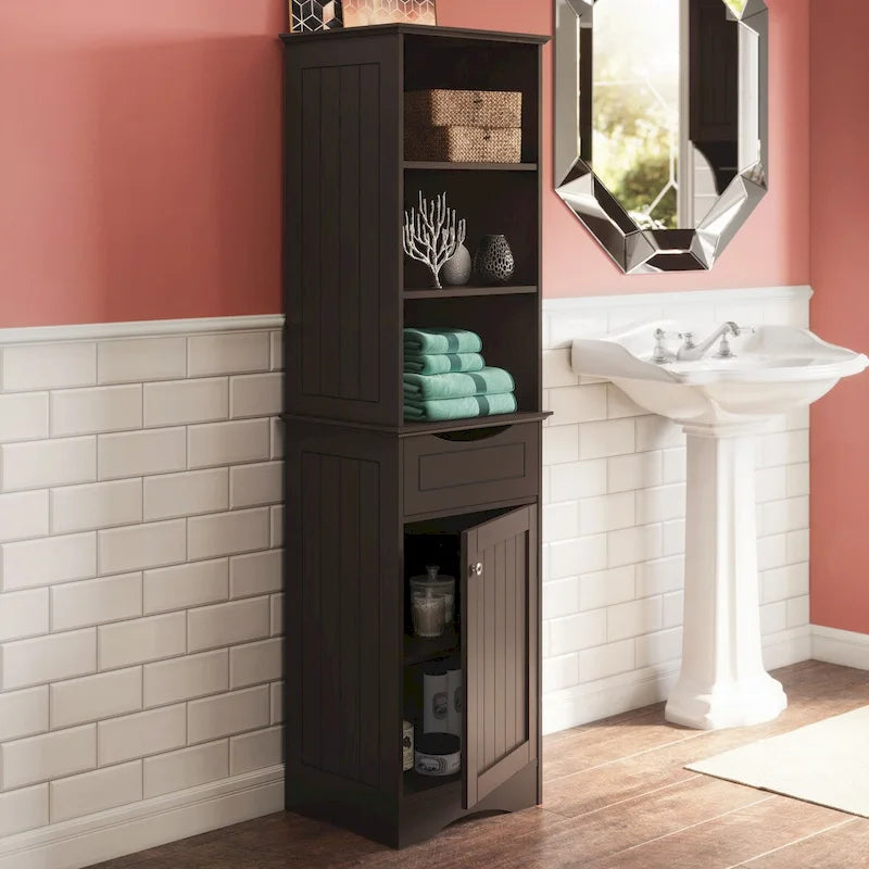 Colonna portaoggetti alta per bagno in lino con cassetto e ripiani